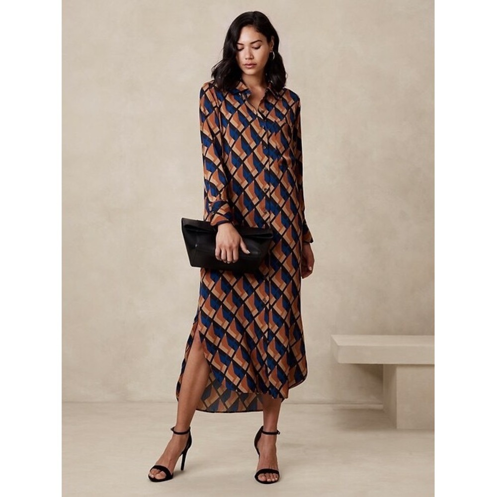 Banana Republic Shirt Dress Womens M Geometric Midi Long Sleeve Fall Office